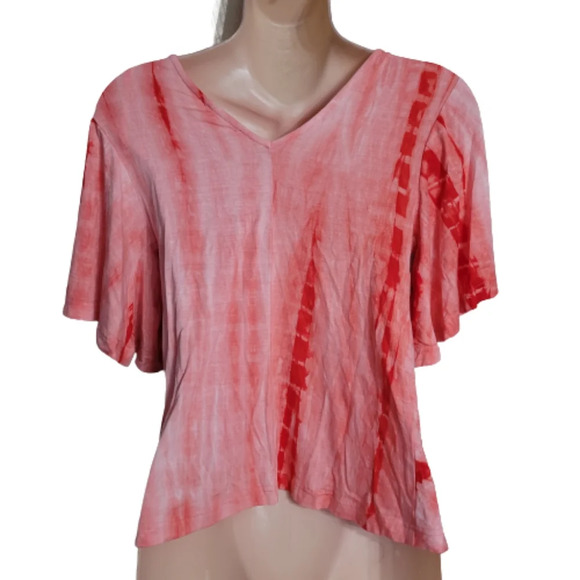 Venus Pink Tie Dye Deep V-Neck Tunic Top Cold Shoulder Sleeves Size Women XS - Picture 2 of 10